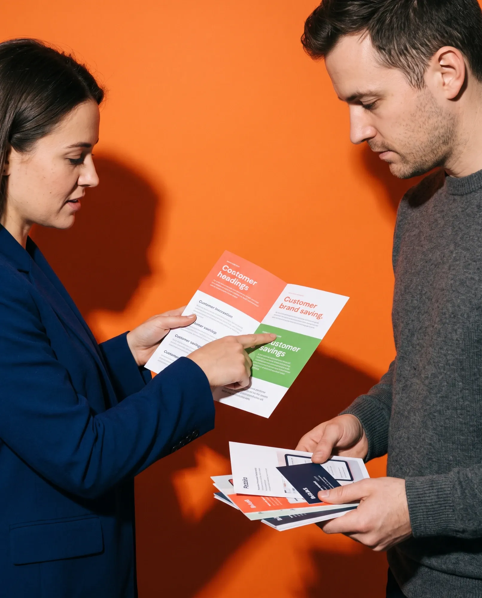 Two people comparing printed leaflets against an orange wall, one pointing at a panel