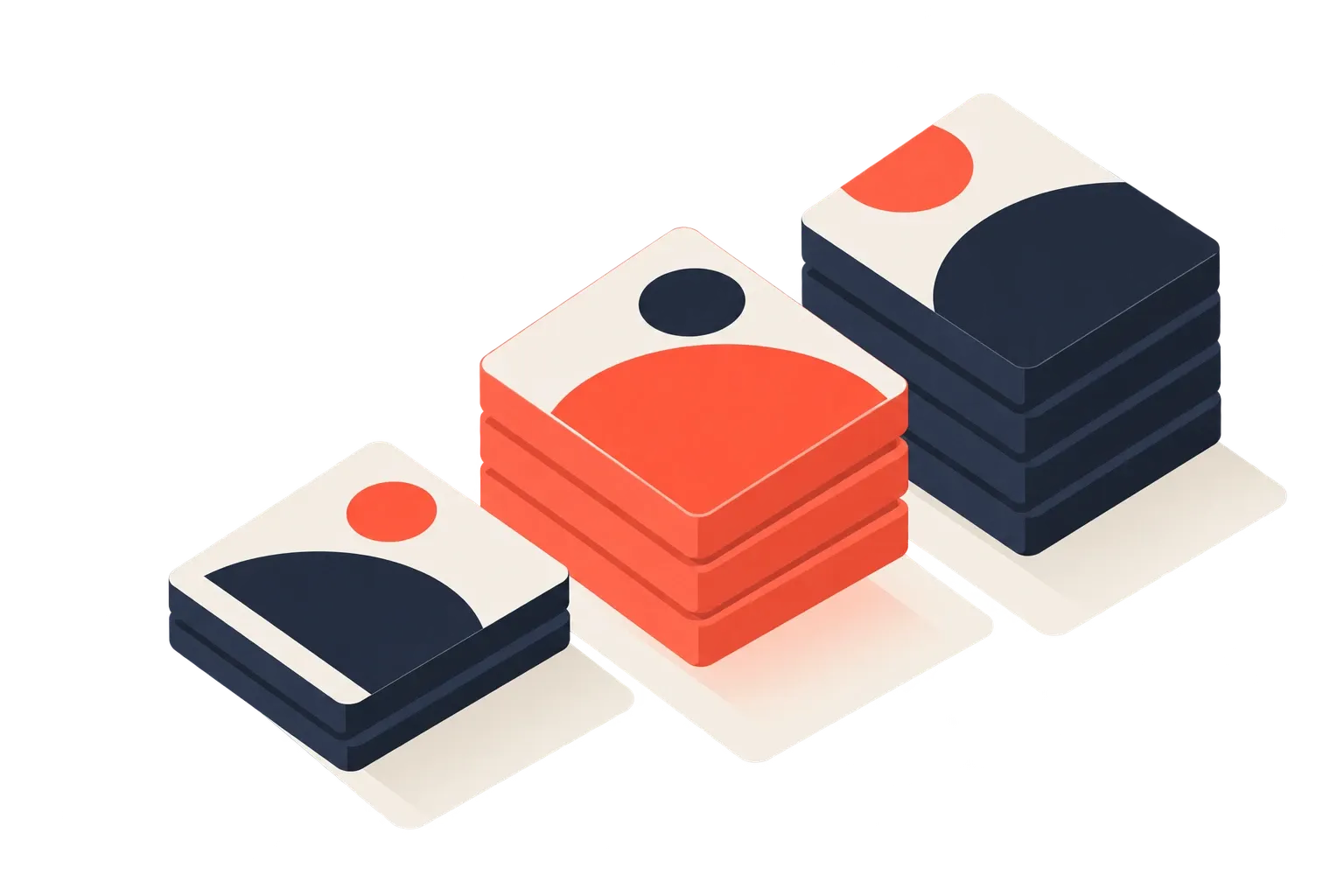 Three stacks of printed cards of increasing height, the middle one raised and coral