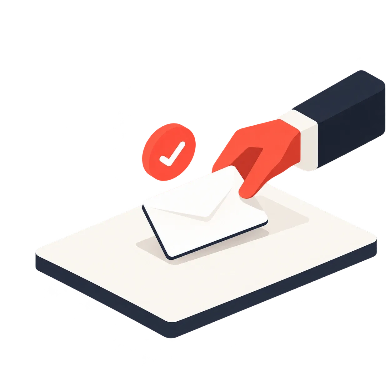 A hand placing an envelope onto a surface, with a coral tick mark beside it
