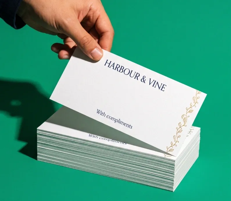 A hand lifting a compliment slip from a stack with green edges, against a green background