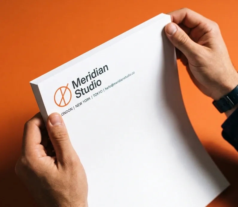 Two hands holding a printed letterhead against an orange background