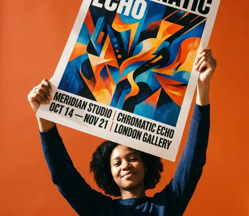 A large, boldly illustrated poster held up against an orange background