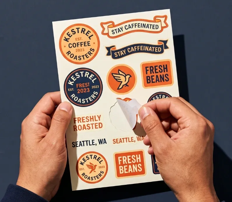 A hand holding a sheet of round printed stickers against a dark background